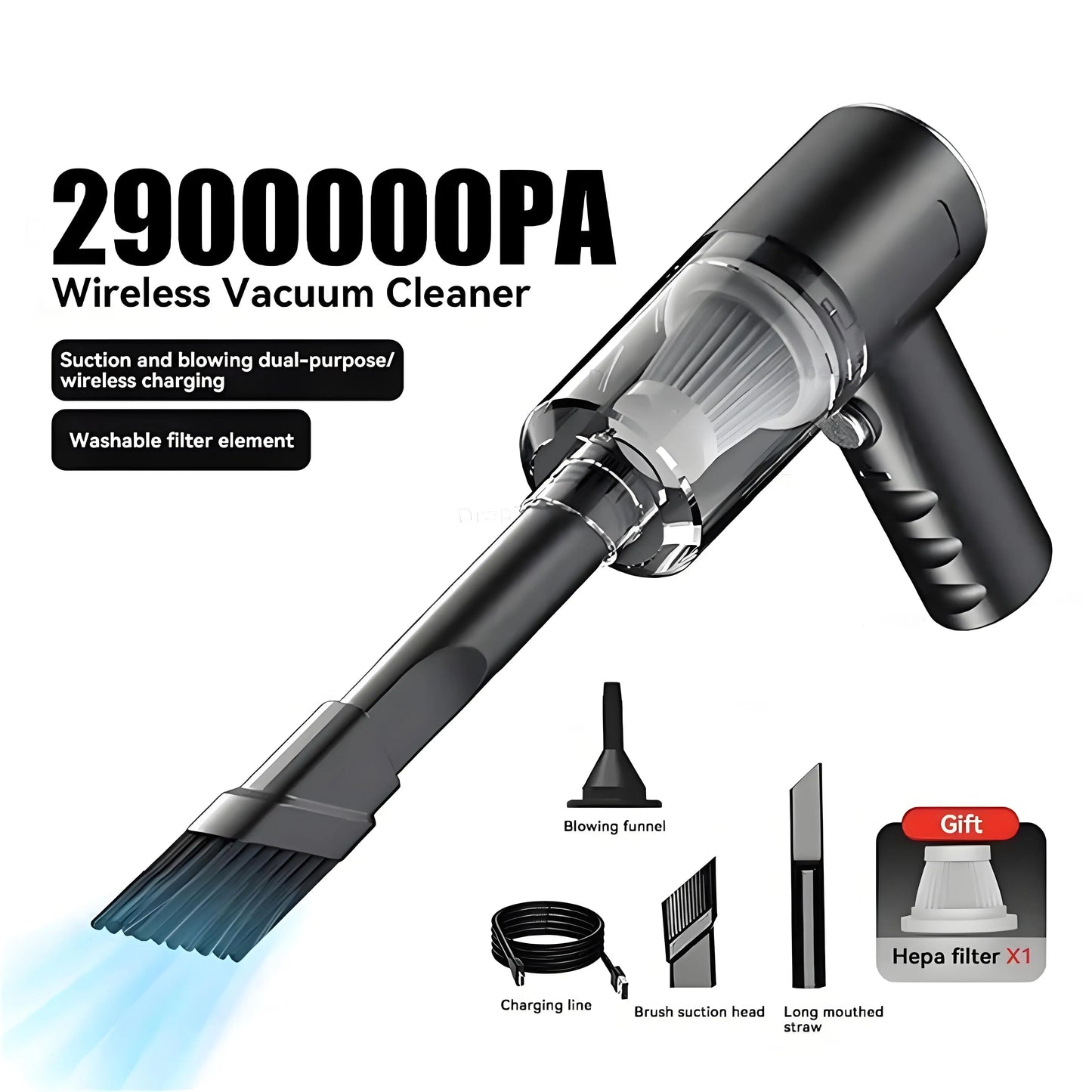 Cordless Compact Car Vacuum Cleaner with Wireless Charging, Dual Suction & Blowing for High-Power Interior Detailing